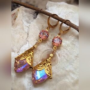 Victorian Pink & Purple Sparkling AB In  18k Gold Plated Filligree Earrings